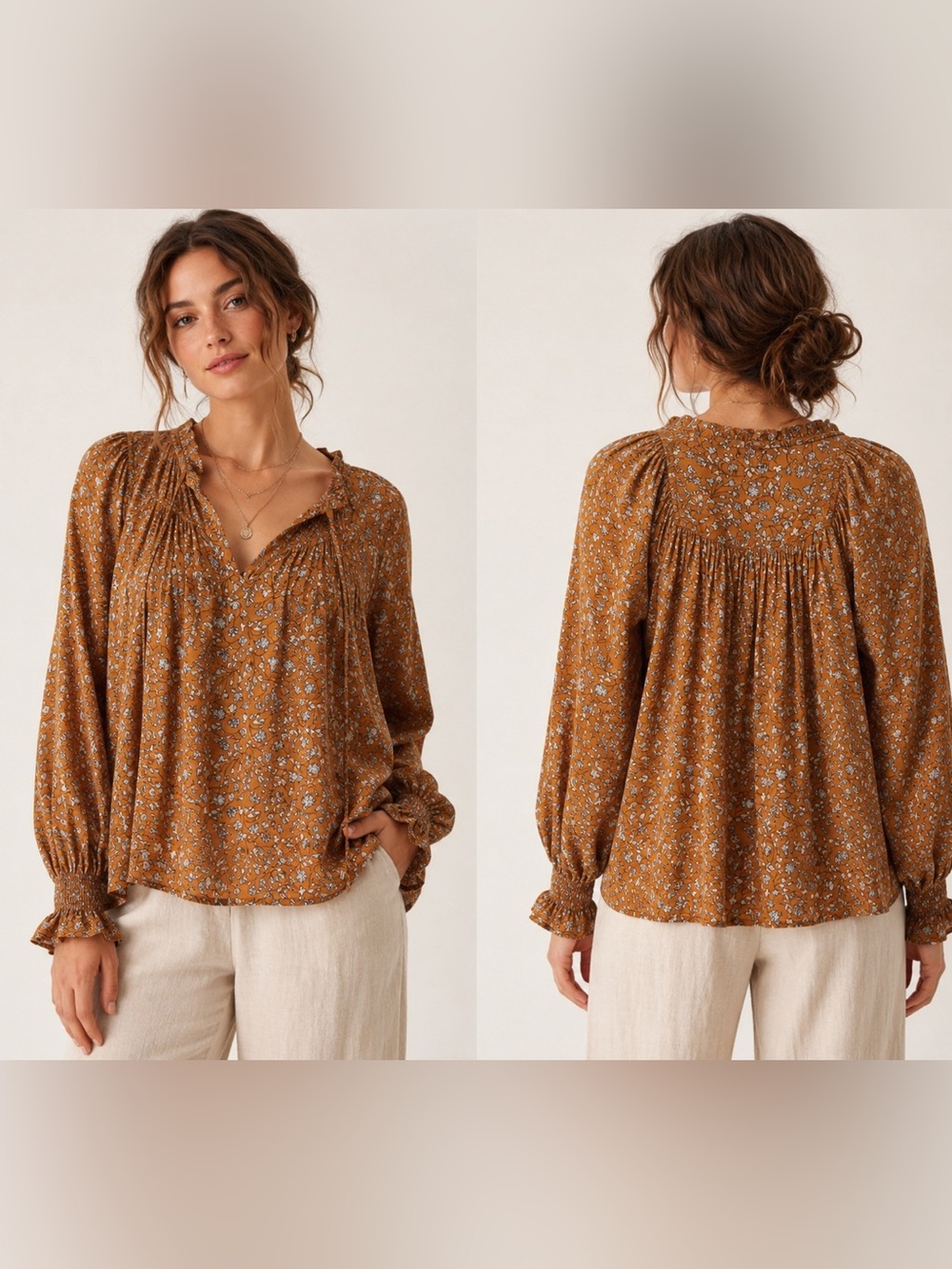 Womens Floral Peasant Blouse in Mustard Brown